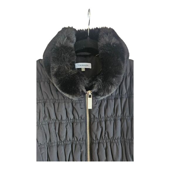 Calvin Klein Womens M Vest Black Faux Fur Collar Gold Zip Pockets Smocking - Picture 4 of 11